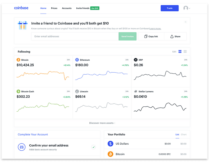 Home Screen: Coinbase, multi-currency